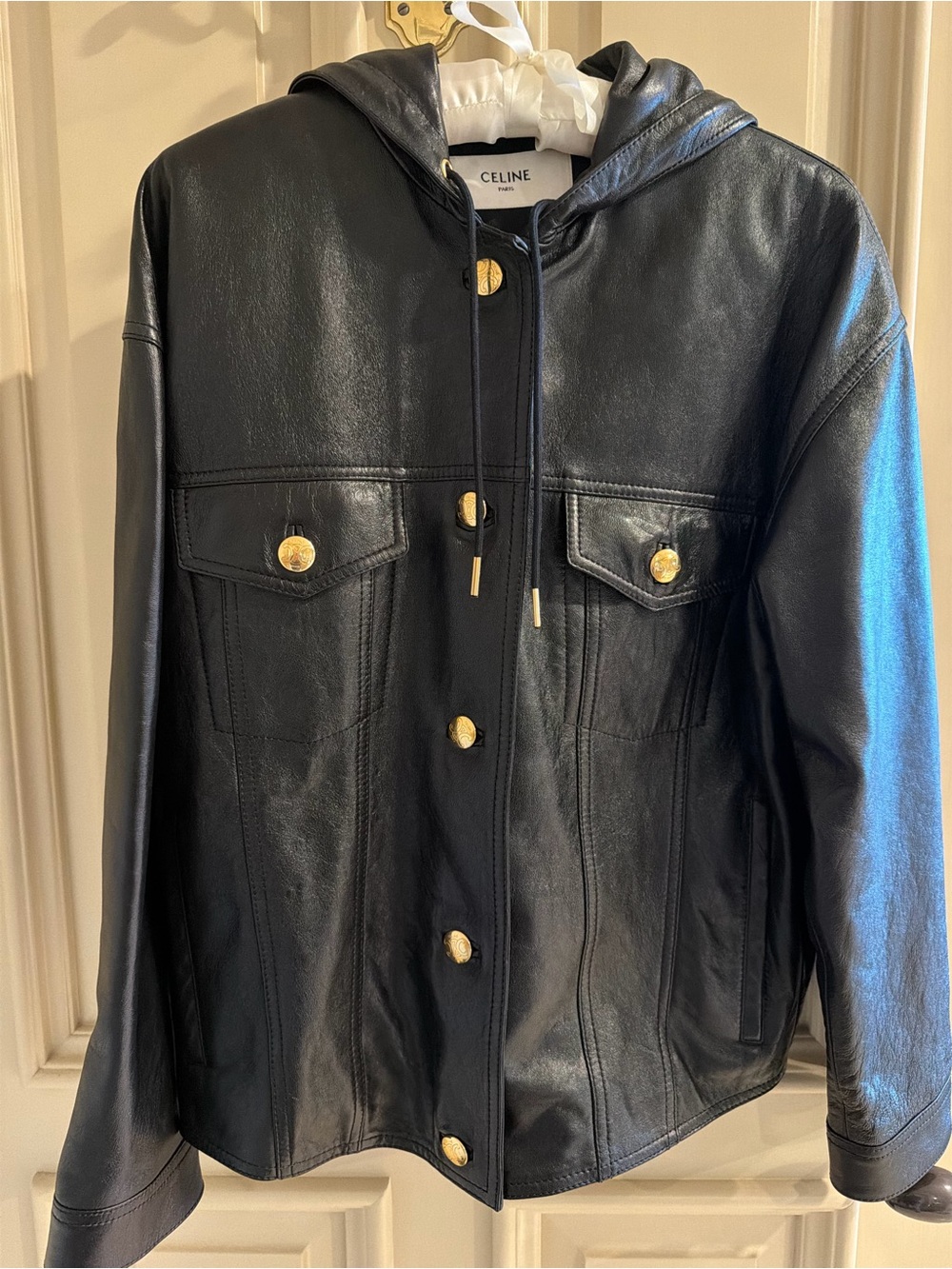 Celine Black Leather Hooded Jacket with Gold-Tone Buttons